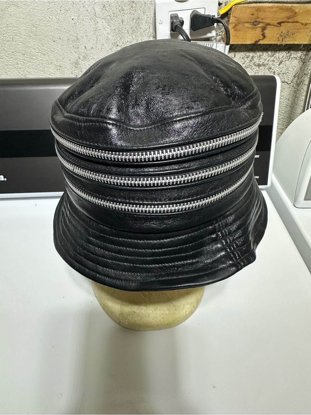 Men's Black Leather Bucket Hat with Triple Silver Zippers